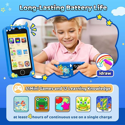 Kids Smart Phone for Boys, 4.0" Touchscreen Learning Music Puzzle-Games Toddler Phone for Kids Ages 3-9, Dual Camera，Built-in 8G SD Card Kids Phone Toy, Gifts for Kids Cell Phone Toy, Light Blue