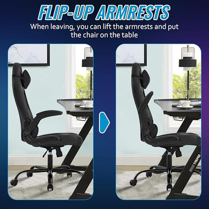 BestOffice PC Gaming Chair Ergonomic Office Chair Desk Chair with Lumbar Support Flip Up Arms Headrest PU Leather Executive High Back Computer Chair for Adults Women Men (Black)