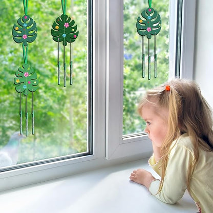 Fennoral 9 Pack Tropical Wind Chime Kit for Kids Make You Own Monstera Leaf Wind Chimes Ornaments DIY Coloring Wooden Art and Craft for Summer Art Activities Aloha Hawaii Tropical Party Decorations