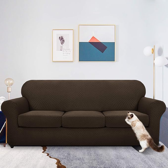 MAXIJIN 4 Piece Jacquard Extra Large Couch Covers for 3 Cushion Couch Super Stretch Non Slip Couch Cover for Dogs Pet Friendly Sofa Slipcover Furniture Protector (Oversized Sofa, Dark Coffee)