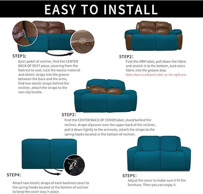 Easy-Going Oversized 6 Pieces Microfiber Stretch Sectional Recliner Loveseat Sofa Slipcover Soft Fitted Fleece 2 Seats Couch Cover Washable Furniture Protector with Elasticity for Pet Peacock Blue