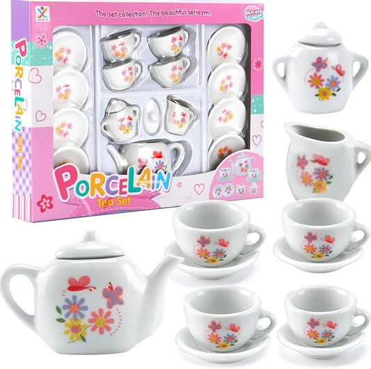 16 Piece Rose Flower Miniature Porcelain Ceramic Tea Set | Kids Toy Mini Pretend Play Kitchen Decorated Playset | Small Party Accessories Teapot, Cups, Sugar Bowl and Creamer