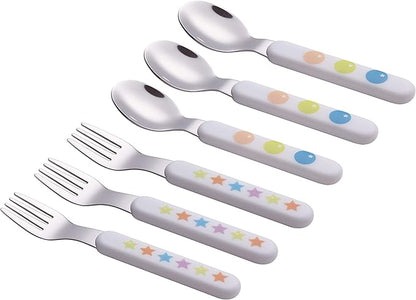 EXZACT Kids Flatware 6pcs Stainless Steel 18/10 Toddler Utensils Flatware- 3 x Forks, 3 x Spoons- BPA Free, Dishwasher Safe - 12 M+ - Stars & Dots