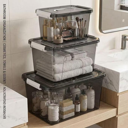 Plastic Storage Bins with Lids, 3 Pack Mixed Sizes (22 Qt, 16 Qt, 7 Qt) Clear Black Stackable Organizer Boxes with Latches for Closet, Pantry, Garage, Bathroom, Office