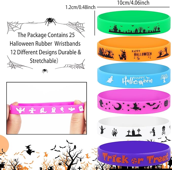 JUNEBRUSHS 50 Pack Halloween Party Favors Halloween Slap Bracelets Rubber Wristbands Assorted for Kids Halloween Slap Bands for Boys Girls Halloween Classroom Prizes Gifts Toys Treat Bag Fillers