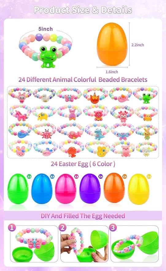 24 Pcs Easter Egg Filled with Bracelets Inside for Girls Toddler Kids, 24 Different Colorful Bead Bracelets Easter Basket Stuffers Gift, Girls Easter Egg Hunt Party Favors Classroom Prize Supplies