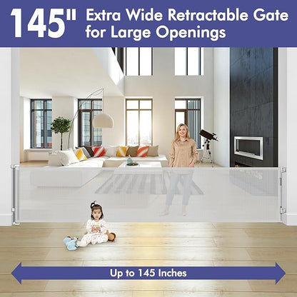 145 Inch Extra Long Baby Gate Retractable Dog Gate Outdoor Retractable Gate Indoor Retractable Baby Gate for Extra Wide Openings Retractable Pet Gate Retractable Fence for Doorways, Decks, Light Gray