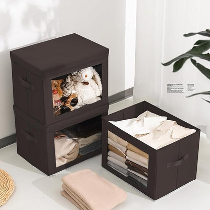 Homsorout Stackable Storage Bins with Lids - Large Decorative Basket with Lids, Fabric Foldable Closet Organizer Bins, Shelf Organizer for Living Room, Dorm, 5 Pack, Brown