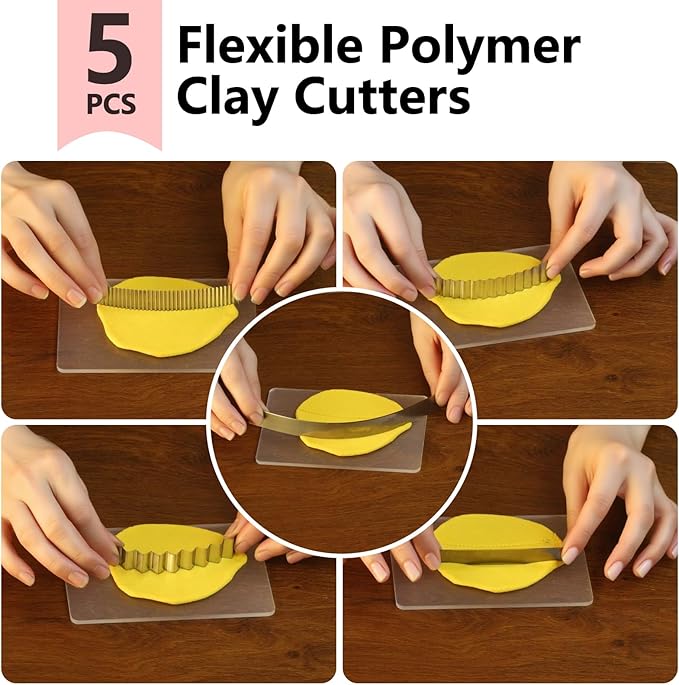 Polymer Clay Cutters - Premium Stainless Steel Clay Cutting Tools Set with 2 Straight Tissue Blades for Polymer Clay, 3 Curved Wave Blades, Professional Clay Slicing Tool Kit -Protect Fingers