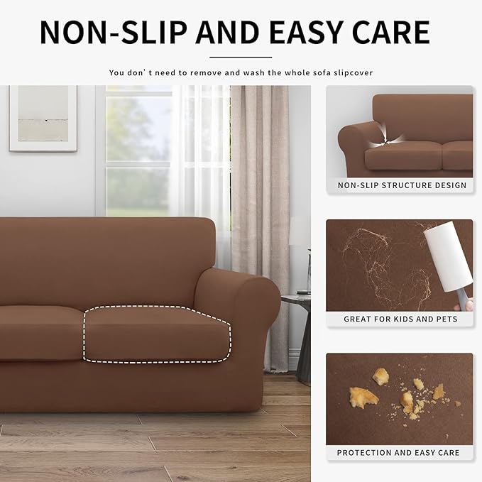 Easy-Going 100% Dual Waterproof Oversized Cover Stretch Soft Couch Cover for Dogs, Sofa Slipcover for 3 Separate Cushion Couch Leakproof Furniture Protector for Kids, Pets Brown
