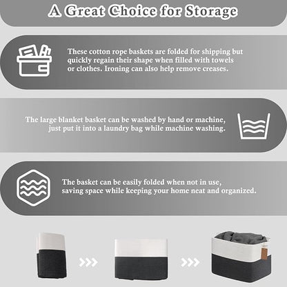 Goodpick Woven Storage Baskets for Organizing, 18" x 14" x 12" Baby Laundry Blanket Toy Basket for Living Room, Rectangle Cotton Rope Baskets with Handles, Dark Gray