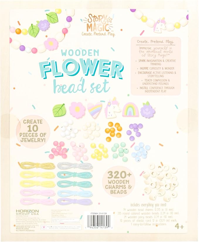 Story Magic Wooden Flower Bead Set, Over 300 Large Hole Wood Beads & Charms for Beading Bracelets, Bracelet Making Kit, Flower Bracelet Kit, Whimsical Bracelet Charms, Storage Tray Included, Ages 4+