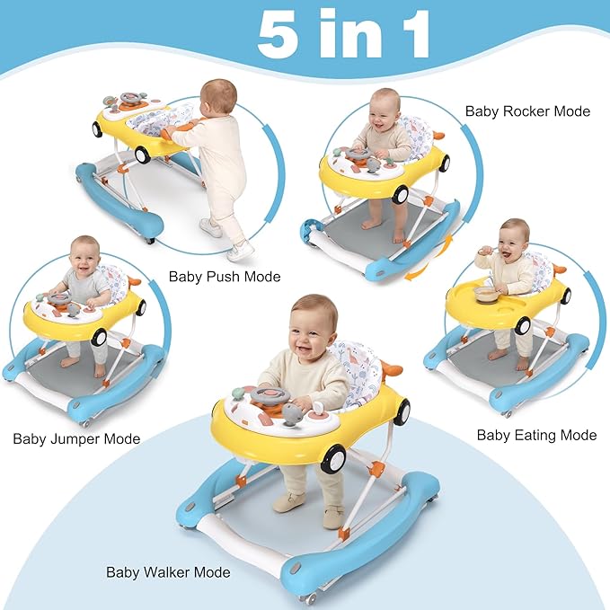 5-in-1 Convertible Baby Walker with Steering Wheel Music Activity Center – Infant Rocker, Jumper, Push Walker, Bouncer & Feeding Foldable Walker for Ages 6-18 Months Boys Girls (Yellow Blue)