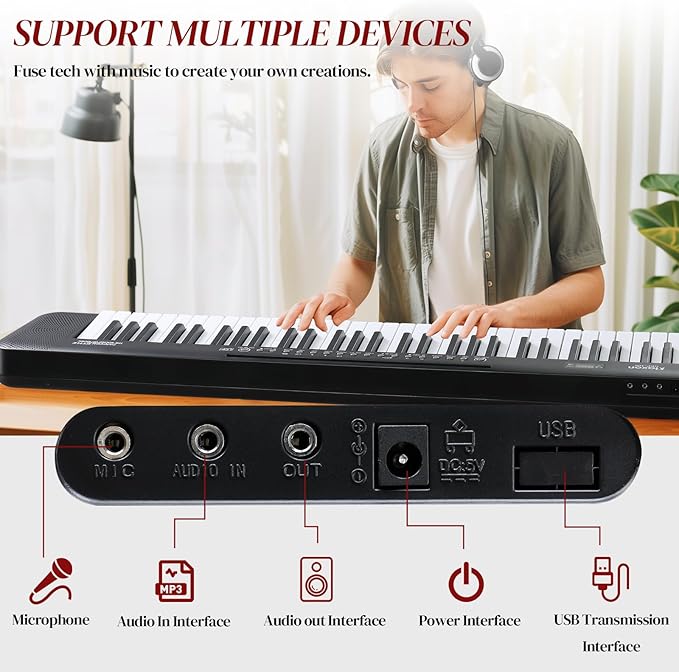 Ktaxon 61 Key Keyboard Piano Electric Keyboard w/Lighted Keys, Electric Piano Set with Headphones, Microphone, Music Rest, Power Adapter, Stand, Piano Bench and Manual (Compact-Classic Black)
