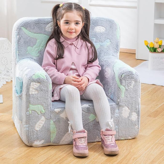Snuggly-Soft Cuddly Toddler Plush Armchair for Boys and Girls Glowing Grey Fuzzy Plush Kids Sofa Couch Reading Chair with Children Friendly Handle for Easy Movement & Double Pockets for Storage