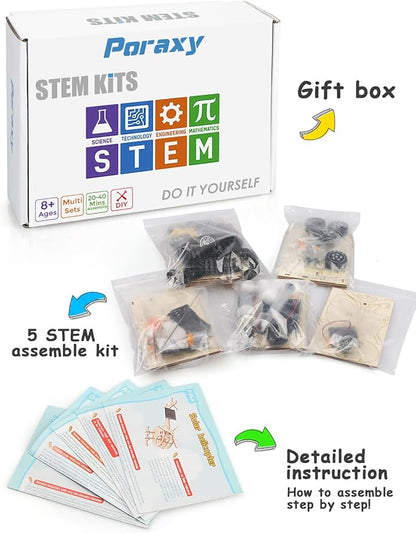 Poraxy 5 Set STEM Kits for Kids Ages 8-10, Model Car Kits, Wooden 3D Puzzles, Educational Science Experiment Kits, Building Toys for Ages 8-13, Gifts for Boys and Girls 7 8 9 10 11 12 13 Year Old