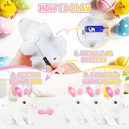 Realistic Bunny for Kids - Interactive Hopping Bunny Toy Set with Bunny Ears, Electric Lifelike Robot Rabbit that Move, Walking Barking and Wagging Tail Bunby Stuffed Animal with Sounds,White