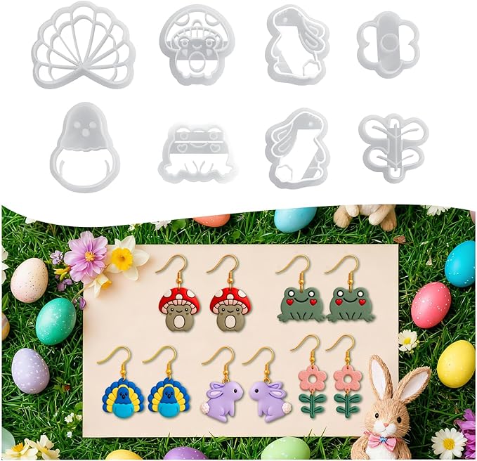 8 Pack Animal Polymer Clay Cutters - Peacock/Mushroom/Frog/Flower/Rabbit, Ideal Polymer Clay Molds & Polymer Clay Earring Cutters for Easter Jewelry Making