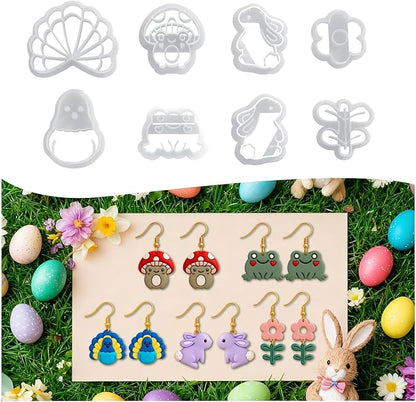 8 Pack Animal Polymer Clay Cutters - Peacock/Mushroom/Frog/Flower/Rabbit, Ideal Polymer Clay Molds & Polymer Clay Earring Cutters for Easter Jewelry Making