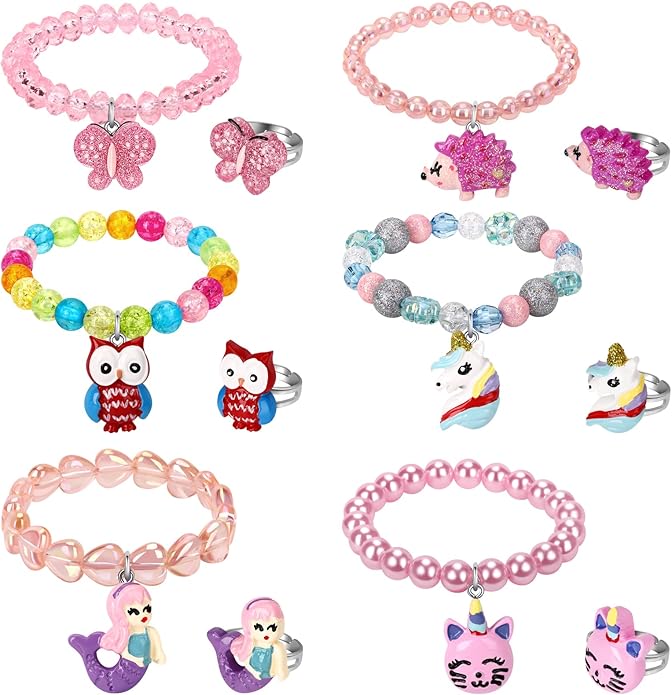 Mermaid Unicorn Bracelet Ring Set Girls Butterfly Bracelets Little Girls Ring Set Toddler Girls Jewerly Bracelets and Rings for Birthday Party Favors-12Pcs