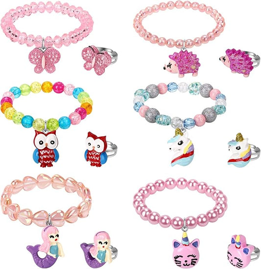 Mermaid Unicorn Bracelet Ring Set Girls Butterfly Bracelets Little Girls Ring Set Toddler Girls Jewerly Bracelets and Rings for Birthday Party Favors-12Pcs