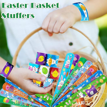 100Pcs Easter Slap Bracelets, Easter Basket Stuffers Party Favors Snap Wristbands for Kids Egg Fillers Gifts Exchange Gifts, Egg Hunt Event, Classroom Prizes, School Supplies