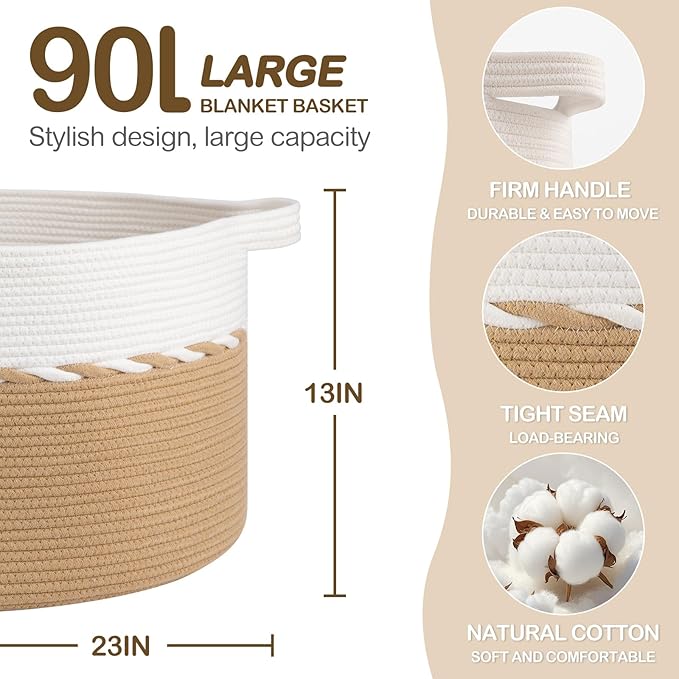 OIAHOMY 90L Blanket Basket for Living Room, Large Basket 23" x 23" x 13" with Handle, Laundry Hamper for Blankets, Pillows, Toy Storage for Kids, Dogs - Yellow & White
