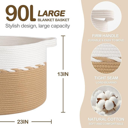 OIAHOMY 90L Blanket Basket for Living Room, Large Basket 23" x 23" x 13" with Handle, Laundry Hamper for Blankets, Pillows, Toy Storage for Kids, Dogs - Yellow & White