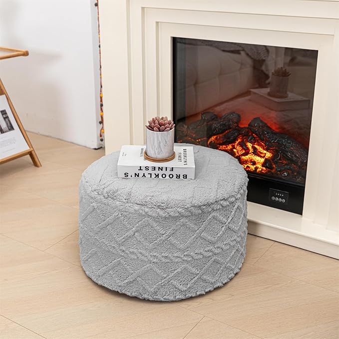 Pouf Ottoman Stuffed 20x20x12 Inches Floor Pouf Plush Fiber Ottoman Foot Rest Under Desk Foot Stool for Living Room Bedroom (Light Gray Pouf with Filler)