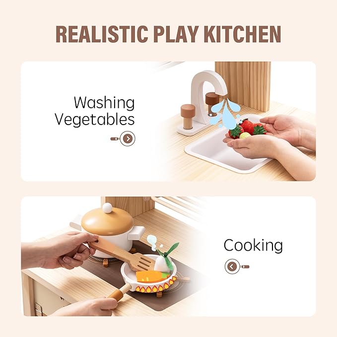 ROBUD Wooden Play Kitchen for Kids Toddlers, Kids Kitchen Playset with Realistic Accessories, Toy Kitchen Set with Plenty of Play Features, Modern Style Toy Kitchen for Girls & Boys, 3+, Caramel