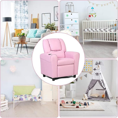 Costzon Kids Recliner Chair with Cup Holder, Toddler Room Furniture Children Armrest Sofa w/Headrest & Footrest for Girls Boys Baby Bedroom, PU Leather Couch (Pink)