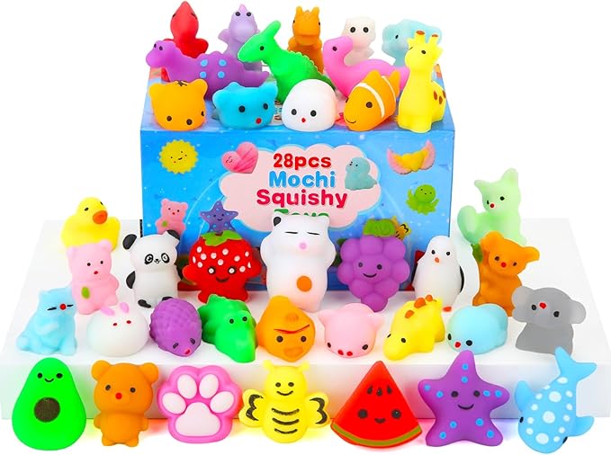 Squishy Toys, 28 Pack Kawaii Squishies and Cards, Gifts for Goodie Bag Stuffers, Party Favors for Kids 4-8 8-12, Treasure Box Classroom Prizes Mochi Squishy Cat Fidget Toys