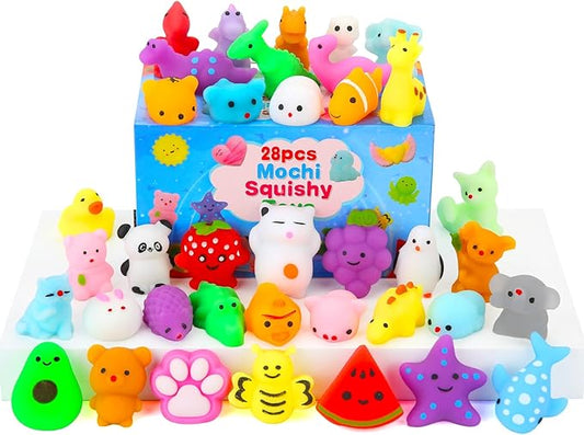 Squishy Toys, 28 Pack Kawaii Squishies and Cards, Gifts for Goodie Bag Stuffers, Party Favors for Kids 4-8 8-12, Treasure Box Classroom Prizes Mochi Squishy Cat Fidget Toys
