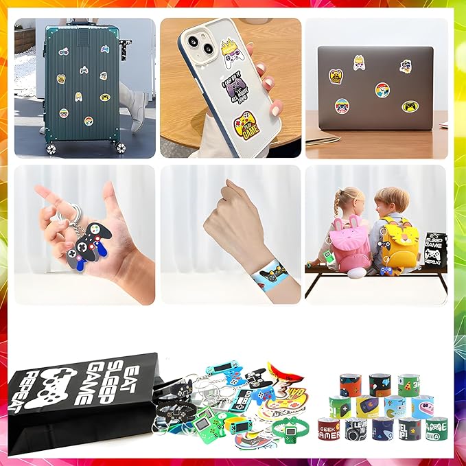 110 Pcs Video Game Party Favors, Gamer party Favors - 12 sets of Gaming Birthday Goodie Bags Included Gift Bags, Game Keychain, Slap Bracelet, Stickers, Ring, Hand Strap for Gaming Kids