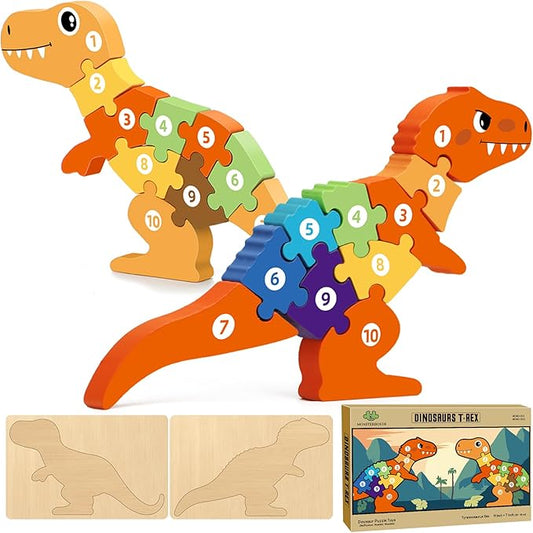Wooden Dinosaur Puzzles Set for Kids/Toddlers Ages 1-8, T-Rex & Allosaurus with Colorful Box, Educational Dino Toys Little Boys/Girls 2 3 4 5 6 Year Old, Numbers/Chunky, Large 11"x7" Size