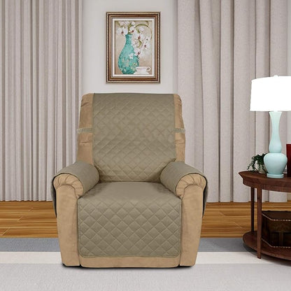PureFit Reversible Quilted Sofa Cover, Water Resistant Slipcover Furniture Protector, Washable Couch Cover with Non Slip and Elastic Straps for Kids, Dogs, Pets (Small Recliner, Beige/Beige)