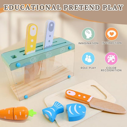 Play Kitchen Accessories, Wooden Play Food Set, 11Pcs Kids Kitchen Accessories with Cutting Board and Knife Set, Kitchen Pretend Play Gifts for 3+ Girls Boys