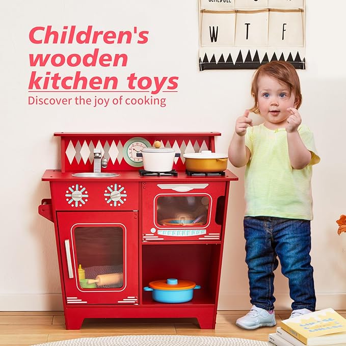 Classic Kitchen Playset, Wooden Play Kitchen for Toddler, with Toy Storage Space, Sink, Faucet and Burners, Microwave Oven, Gifts for Ages 3-8