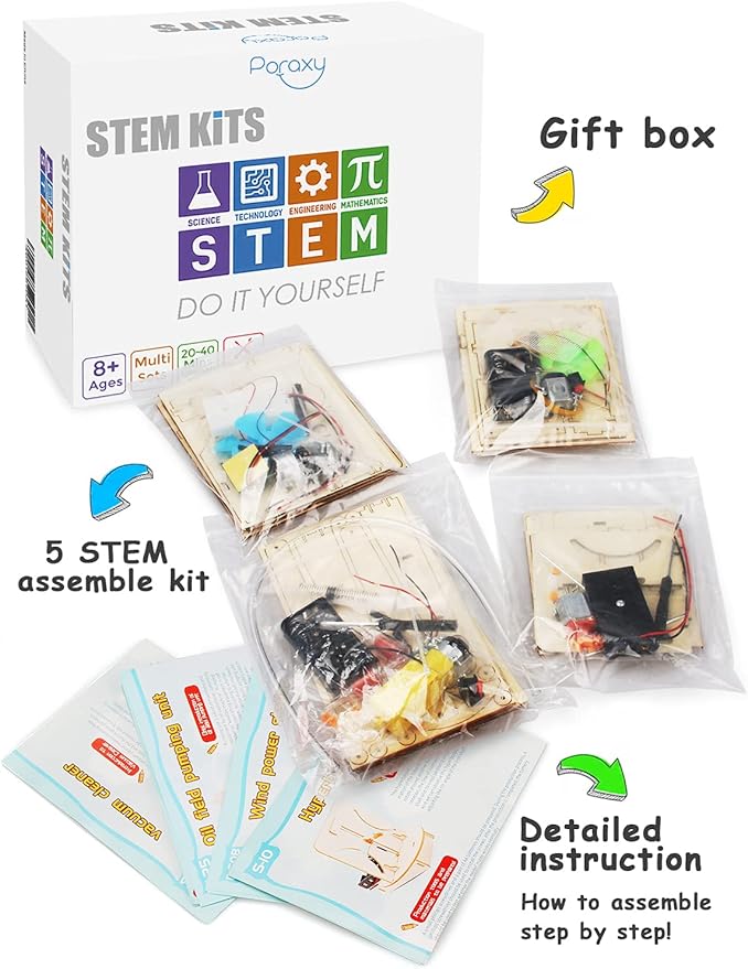 Poraxy 4 Set STEM Kits for Kids Ages 8-10, Science Experiment Projects Building Kits, Wooden 3D Puzzles, Educational Building Toys for Ages 8-12-13, Gifts for 8,9,10,11,12 13 Year Old Boys and Girls