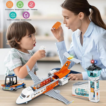 HOGOKIDS City Passenger Airplane Building Set - 711 PCS STEM 3 in 1 Airport Passenger Plane Building Block Toy with Baggage Truck Radar Tower Shuttle Bus for Boys Girls Kids Adults 6 7 8 9+ Years Old