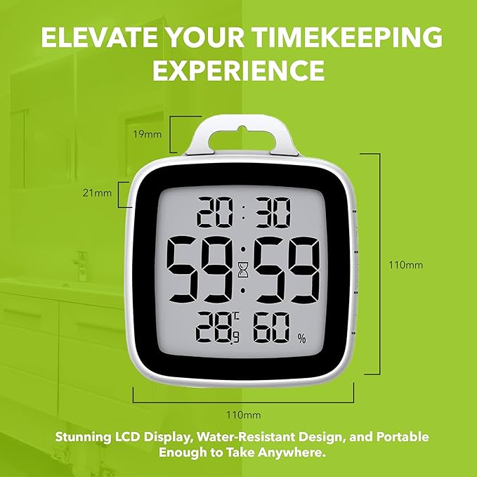 BALDR Digital Bathroom Clock with Timer - Waterproof Shower Clock with Time and Temperature - Waterproof Shower Timer for Kids and Adults - Bathroom Timer, Digital Shower Clocks for Bathroom (Black)
