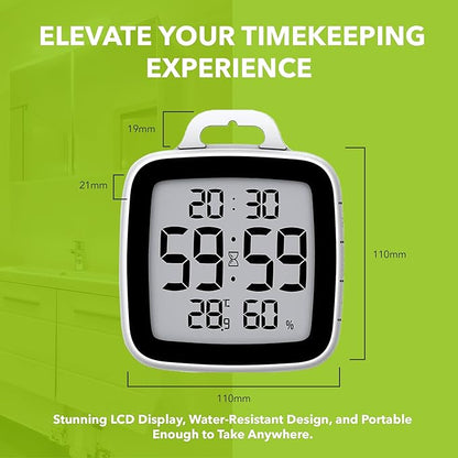 BALDR Digital Bathroom Clock with Timer - Waterproof Shower Clock with Time and Temperature - Waterproof Shower Timer for Kids and Adults - Bathroom Timer, Digital Shower Clocks for Bathroom (Black)