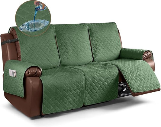 KinCam Waterproof Recliner Sofa Cover, Non-Slip Reclining Couch Covers for 3 Seat, Recliner Couch Cover Furniture Protector with Elastic Straps for Pets, Kids, Vine Green