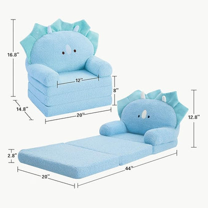 MOONBEEKI Comfy Toddler Chair, Kids Couch Fold Out to Lounger, Foldable Baby Sofa Plush for Girl and Boy Age 18 Months and Up （Blue Triceratops）