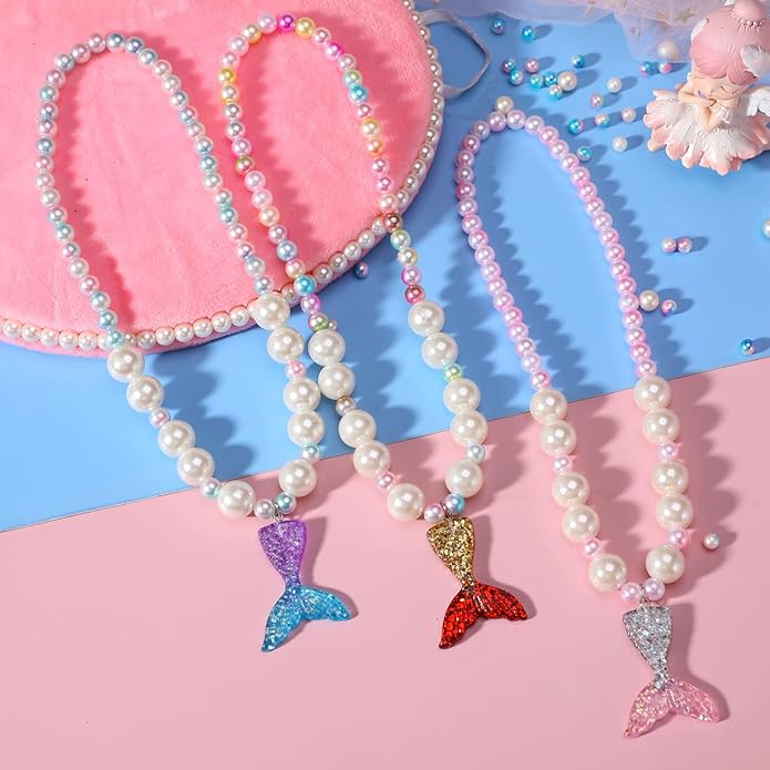 PinkSheep Mermaid Beaded Necklace Bracelets for Kids, Little Girl Mermaid Pearl Jewelry Sets, 6 Pack 12pc, Favors Bags for Party