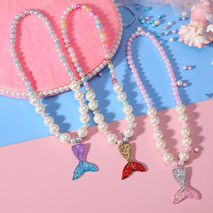 PinkSheep Mermaid Beaded Necklace Bracelets for Kids, Little Girl Mermaid Pearl Jewelry Sets, 6 Pack 12pc, Favors Bags for Party