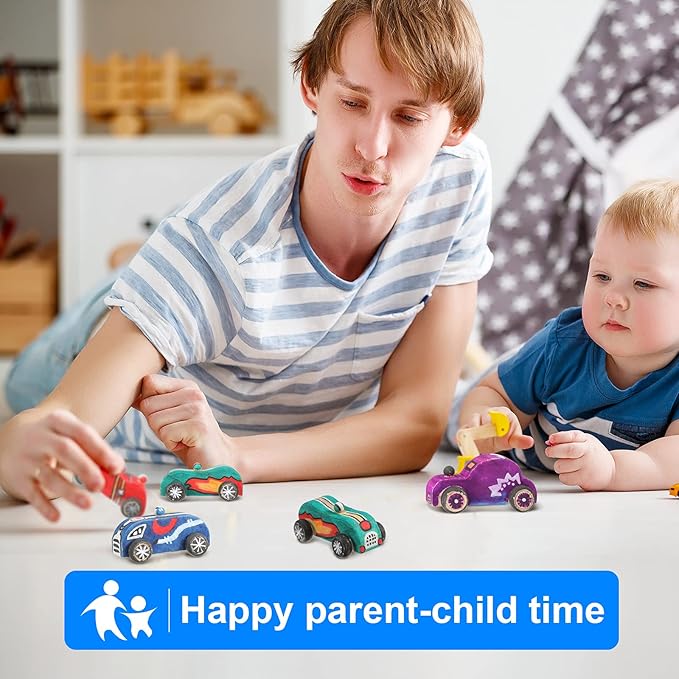 12 Pieces Wood DIY Car Toys, Unfinished Wooden Cars, Crafts for Students Home Activities, Easy Woodworking and Family Time Set