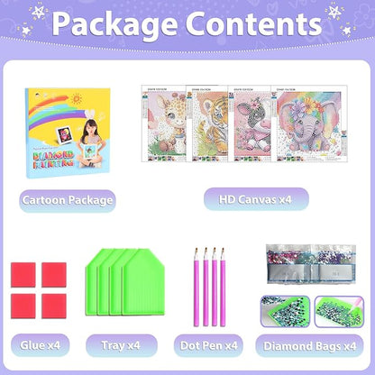 hkejoi 4 Pack Diamond Painting Kits with Box Animal Diamond Art Kits, Big Gem Diamond Painting Arts and Crafts Painting Kit for Gift Home Decor 6x6inch