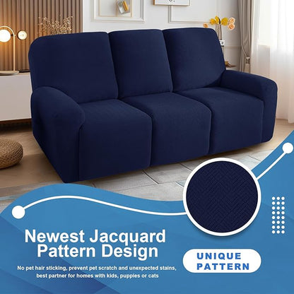 JIVINER 5 Pieces Recliner Sofa Covers Stretch Recliner Sofa Slipcover with Elastic Bottom Jacquard Fitted Reclining 3 Cushion Couch Cover Furniture Protector with Pockets (3 Seater, Navy Blue)