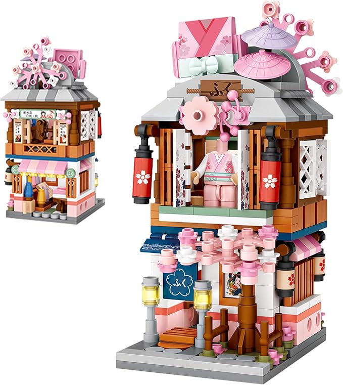 Japanese Street View Shop Building Blocks House Toy, 4 Models Mini DIY Building Blocks Model MOC Construction Toy, Gift for 6-12 Years Old Kid Girls and Boys
